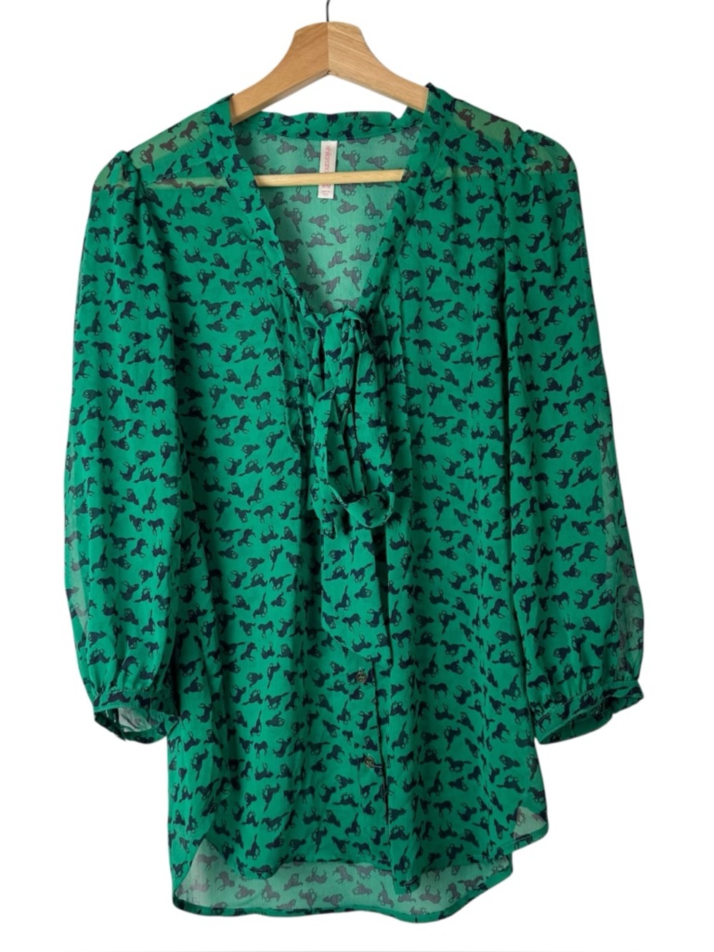 Xhilaration Green Horse Print Chiffon Tie Neck Long‎ Sleeve Blouse M